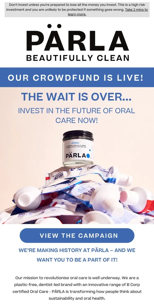 Email from PÄRLA. 🚀 PÄRLA's Crowdfunding is LIVE! Be Part of the Oral Care Revolution 🚀