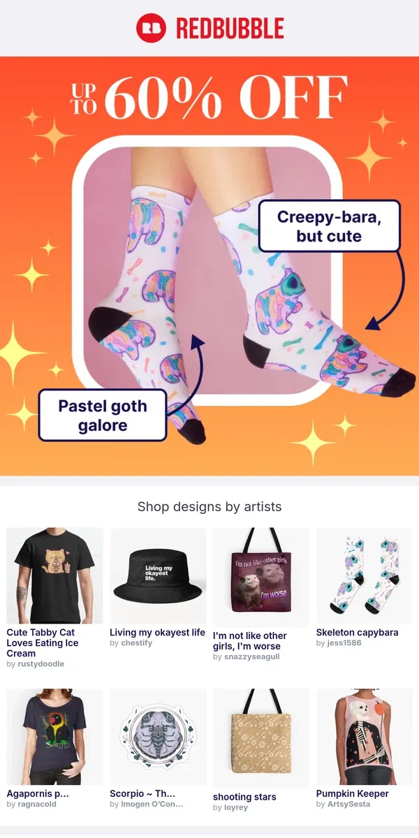 Email from Redbubble. Up to 60% off Gifts Under 50