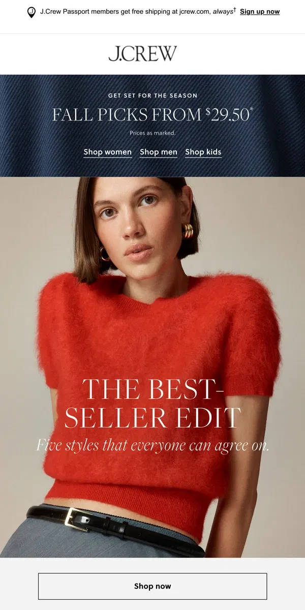 Email from J.Crew. Five best sellers from the new fall collection