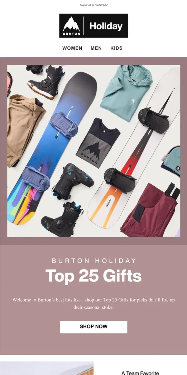 Email from Burton. Holiday Best Sellers