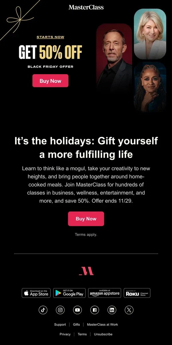 Email from Masterclass. The Black Friday sale: Get 50% off