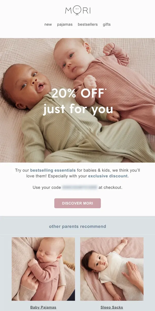 Email from MORI. Enjoy 20% off the softest essentials