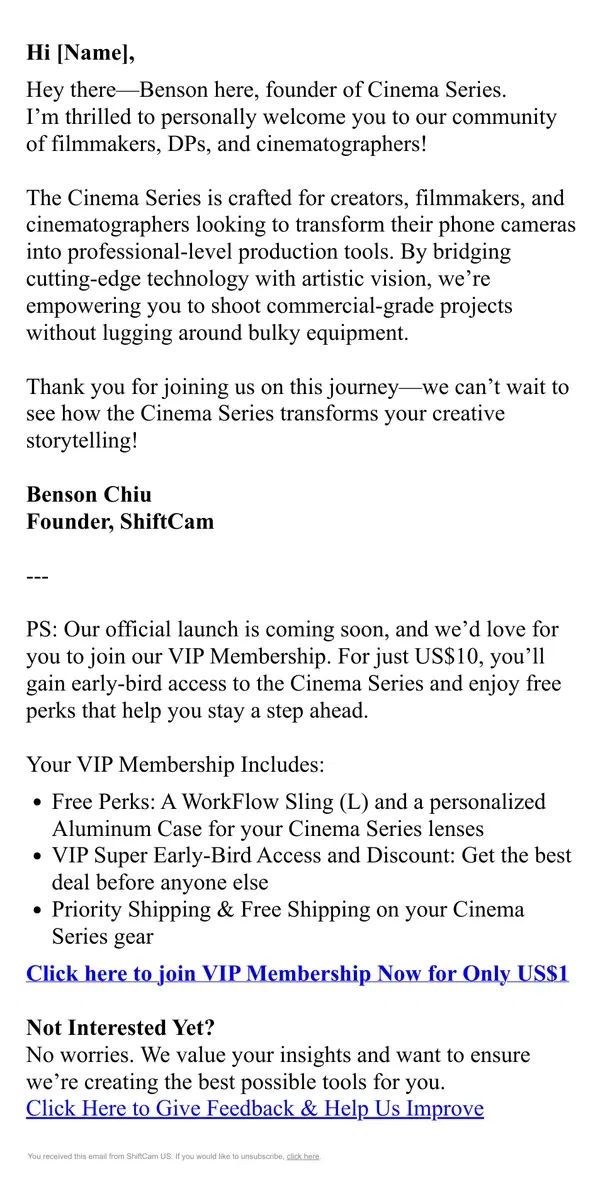 Email from ShiftCam. Welcome to the Future of Mobile Cinematography