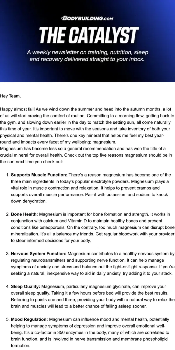 Email from Bodybuilding.com. 5 Reasons to Add Magnesium to Your Routine