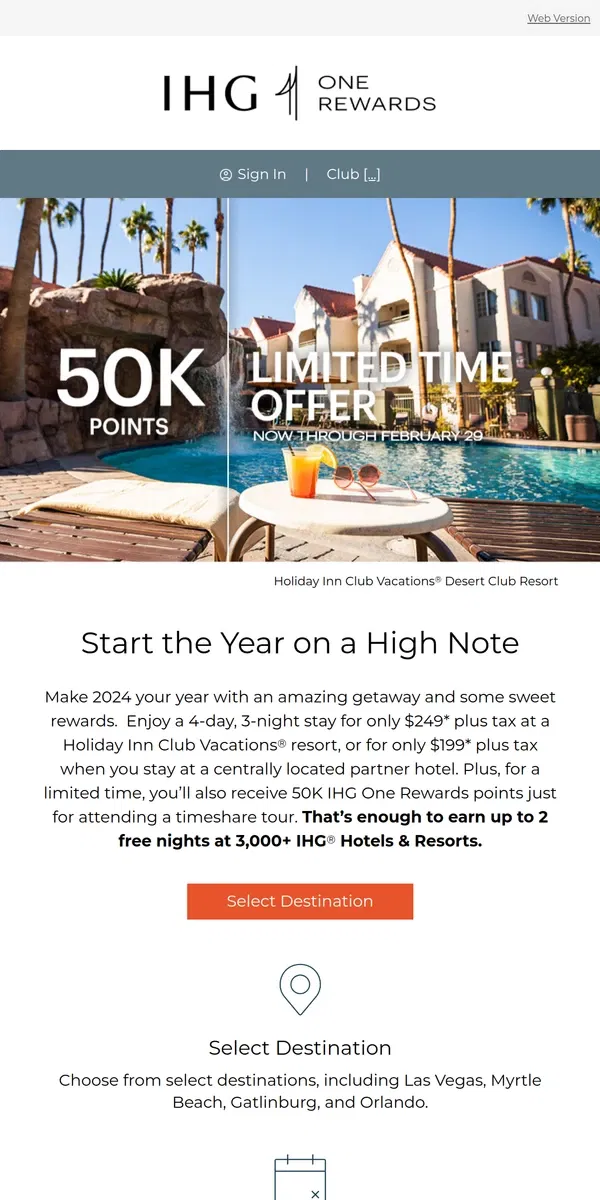 Email from IHG Hotels & Resorts. Book a vacation for $199 and get 50K points