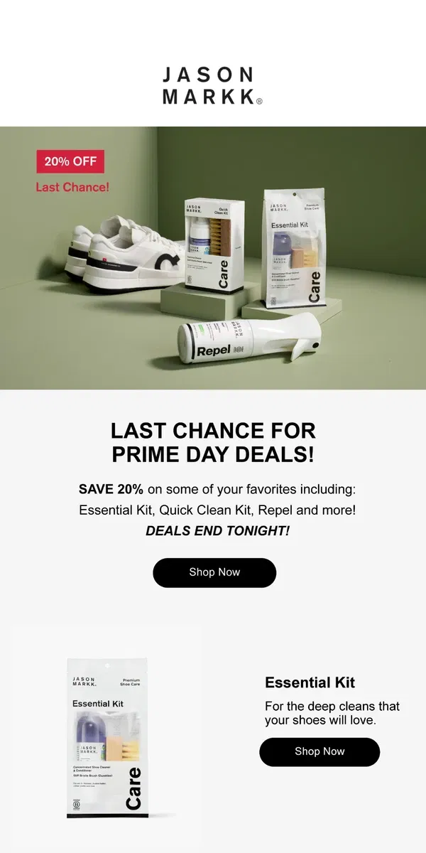 Email from Jason Markk. LAST CHANCE to shop Prime Day Deals! 🏃‍♂️💨