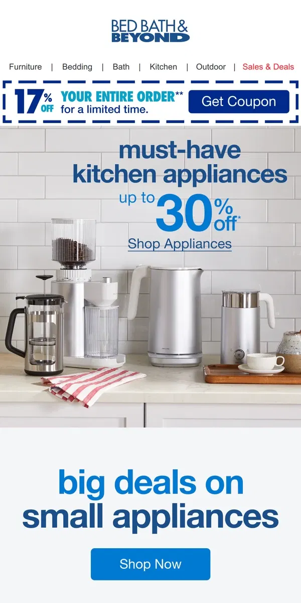 Email from Bed Bath & Beyond. Get Up to 30% Off Kitchen Appliances! 🔥