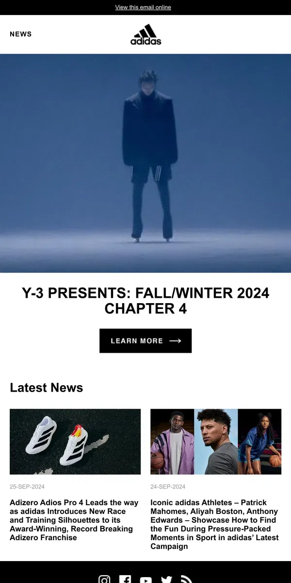 Email from Adidas. Y-3 Presents: Fall/Winter 2024 Chapter 4