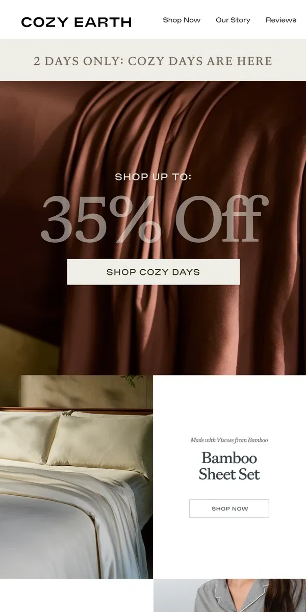 Email from Cozy Earth. UP TO 35% OFF | 2 DAYS ONLY ✨