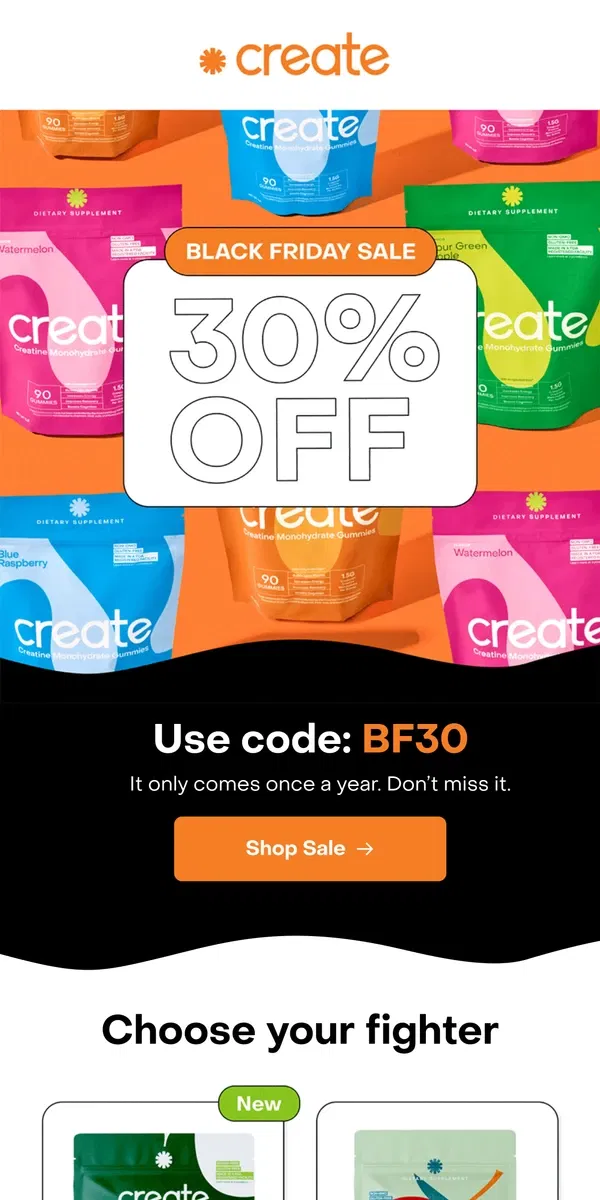 Email from Create Wellness. Black Friday Sale – 30% off sitewide