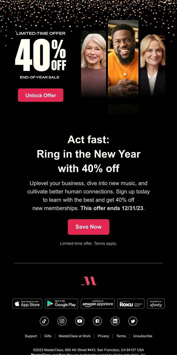 Email from Masterclass. The End-of-Year Sale is here: Get 40% off