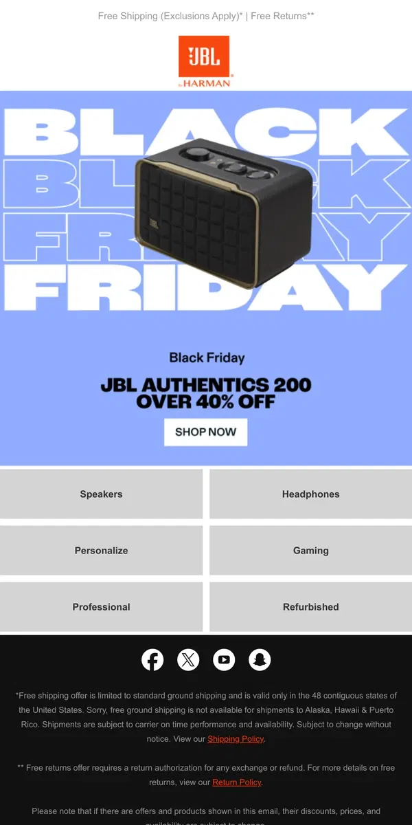 Email from JBL. Limited Time Only! Black Friday Early Access Up to 60% off!