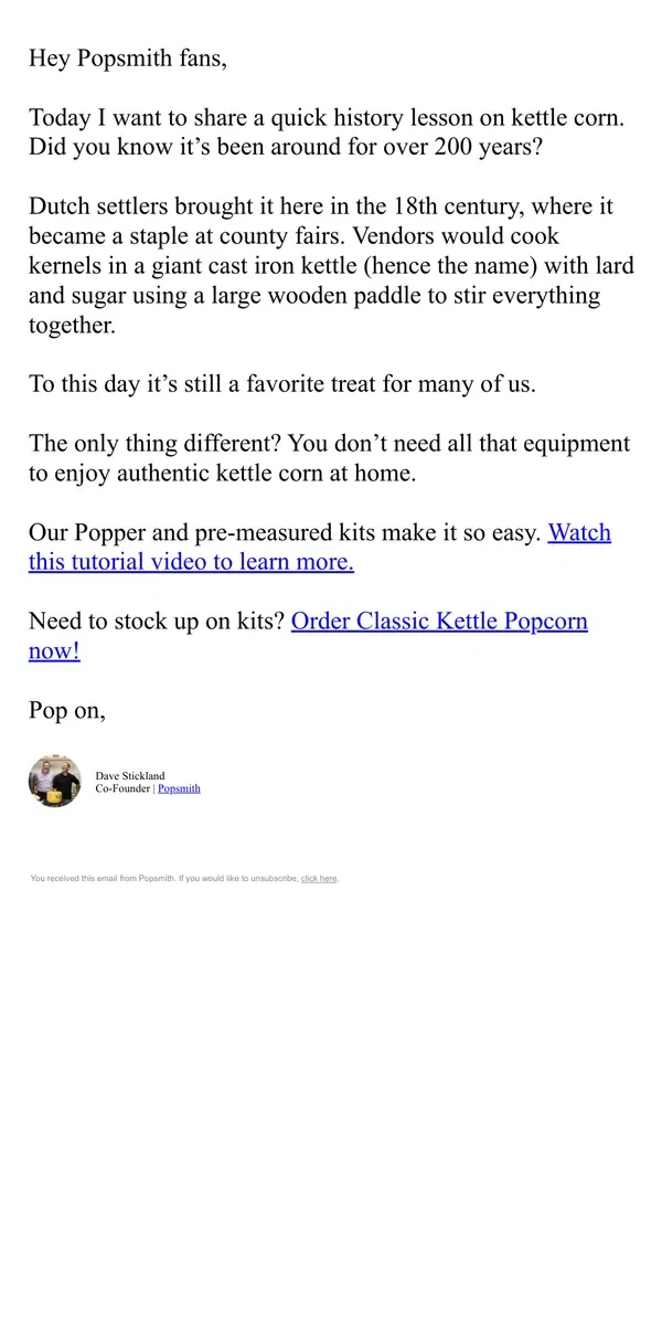Email from Popsmith. How kettle corn got its start