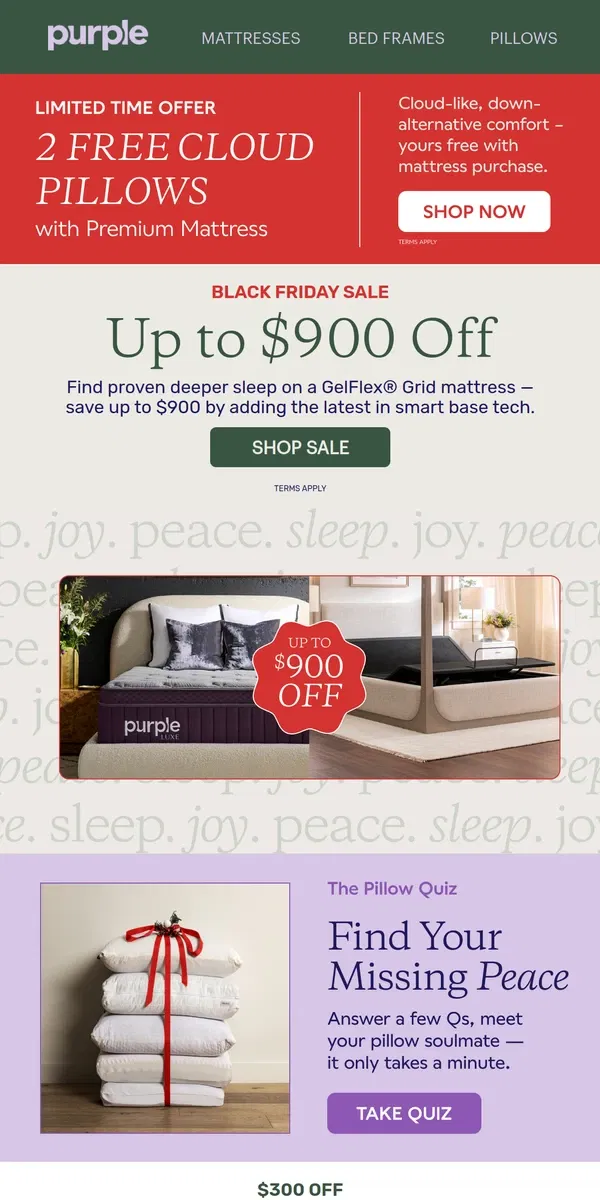 Email from Purple. Black Friday Deal: Up to $900 off a New Mattress and Base