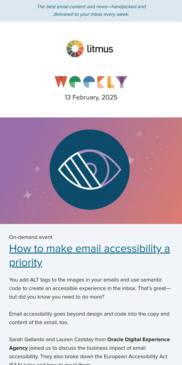 Email from Litmus. Your email deliverability cheat sheet, the latest accessibility law, and more