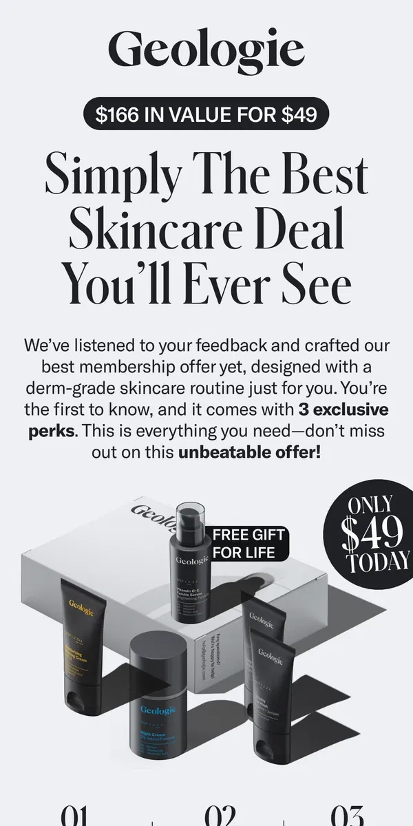 Email from Geologie. Our Black Friday Offer Has Come Early: Full-Size Skincare Set – Only $49 Today!