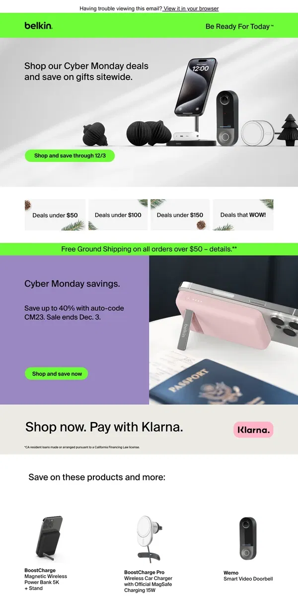 Email from Belkin. Shop Cyber Monday deals through Sunday