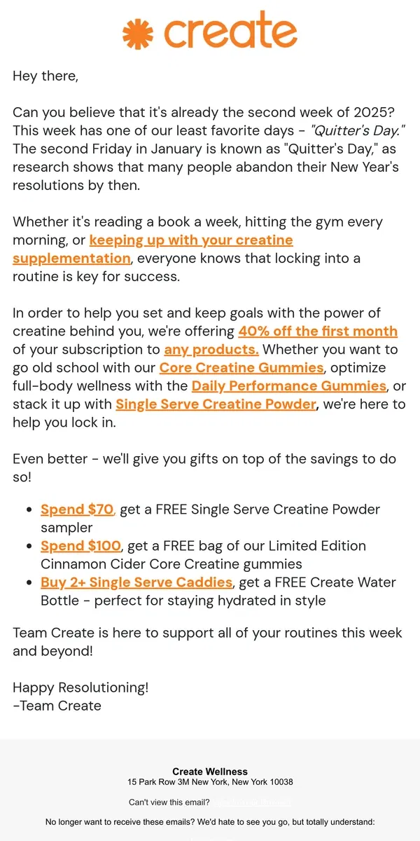 Email from Create Wellness. Save 40% and Get Up to $85 in Free Gifts