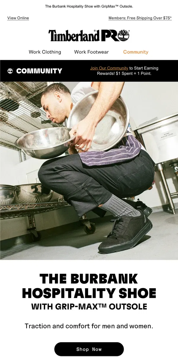 Email from Timberland. Hospitality shoes designed for comfort & traction.