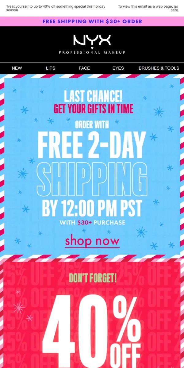 Email from NYX Professional Makeup. Last day to order with FREE 2-day shipping!