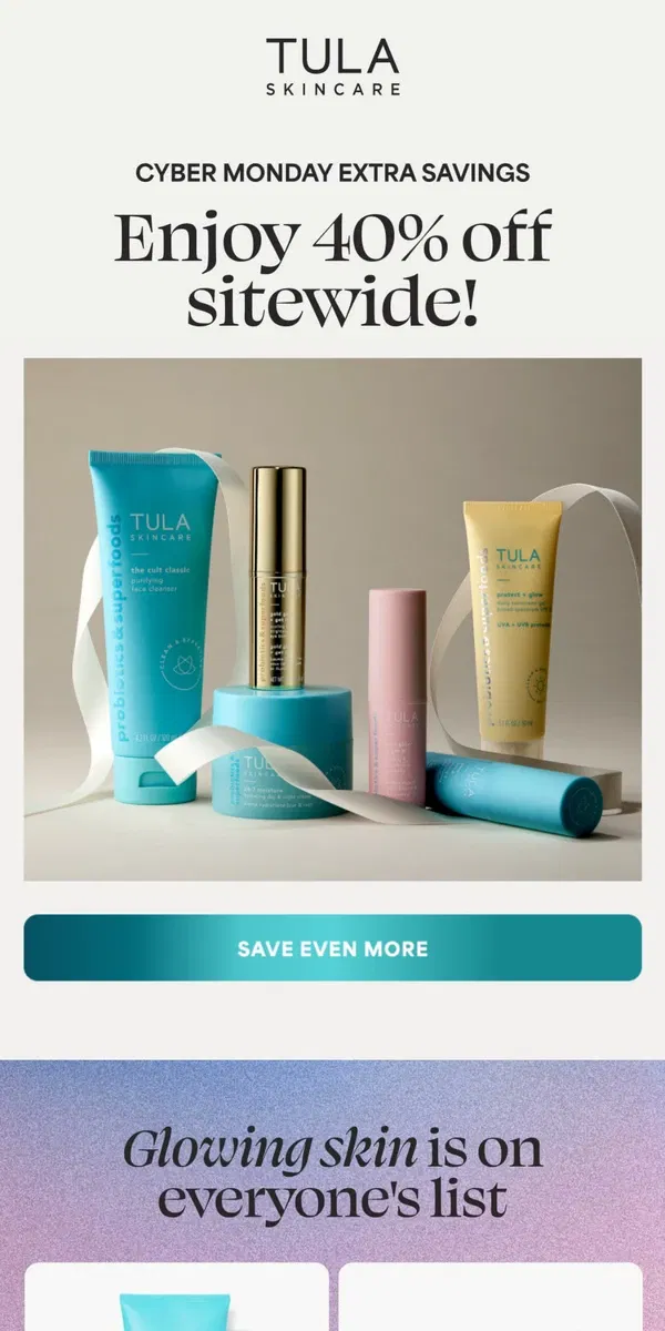 Email from TULA Skincare. 40%. OFF. EVERYTHING.