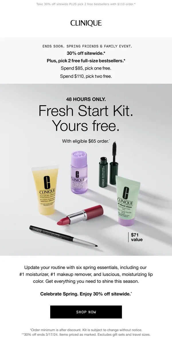 Email from Clinique. 📣 Back for 48 hours! Free 6-piece kit with $65 order.