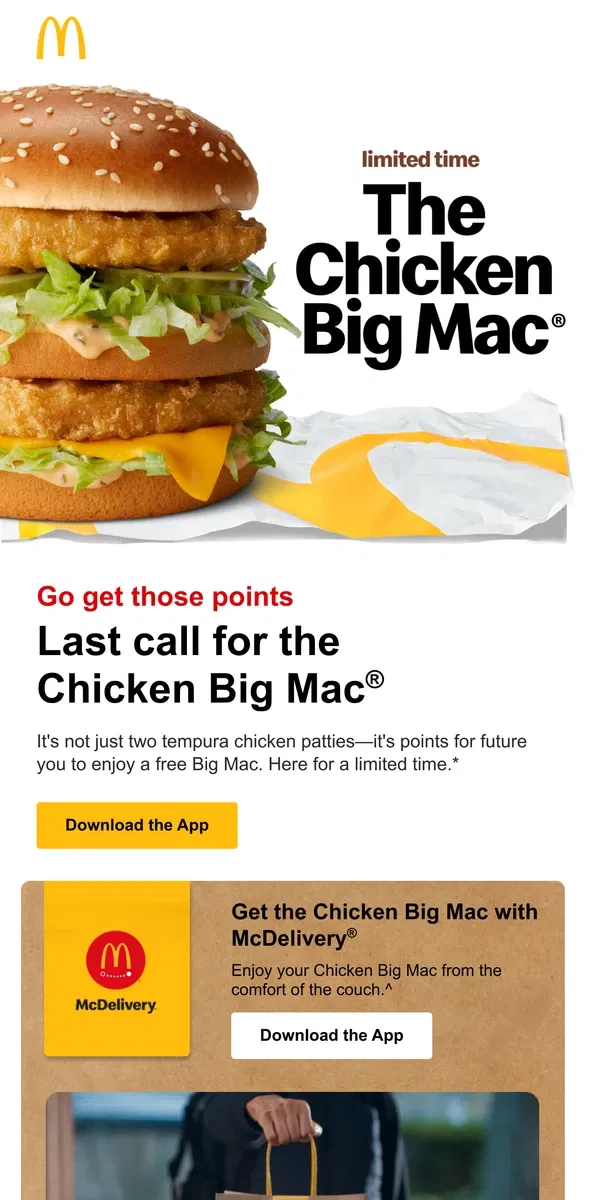 Email from McDonald's. last call: Chicken Big Mac® 🗣️