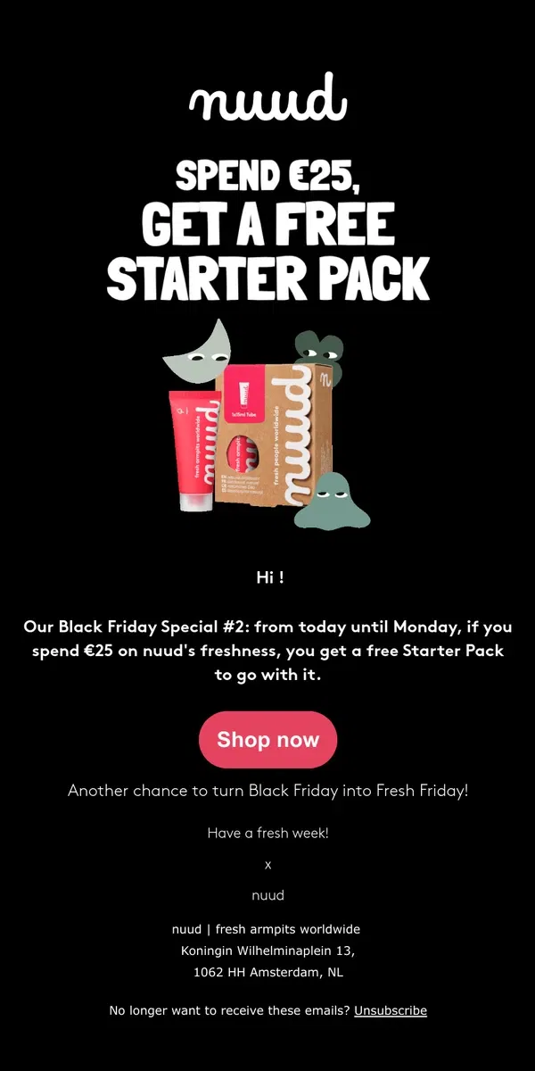 Email from nuud. Spend €25, get a FREE Starter Pack