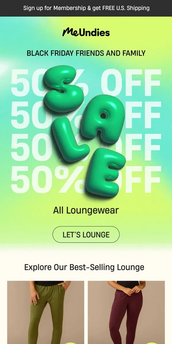 Email from MeUndies. SALE: 50% Off Loungewear