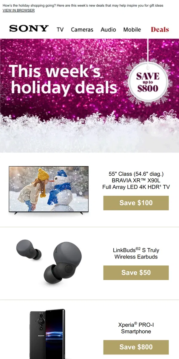 Email from Sony. WEEKLY DEALS ALERT | Up to $800 Off Top Gift Ideas