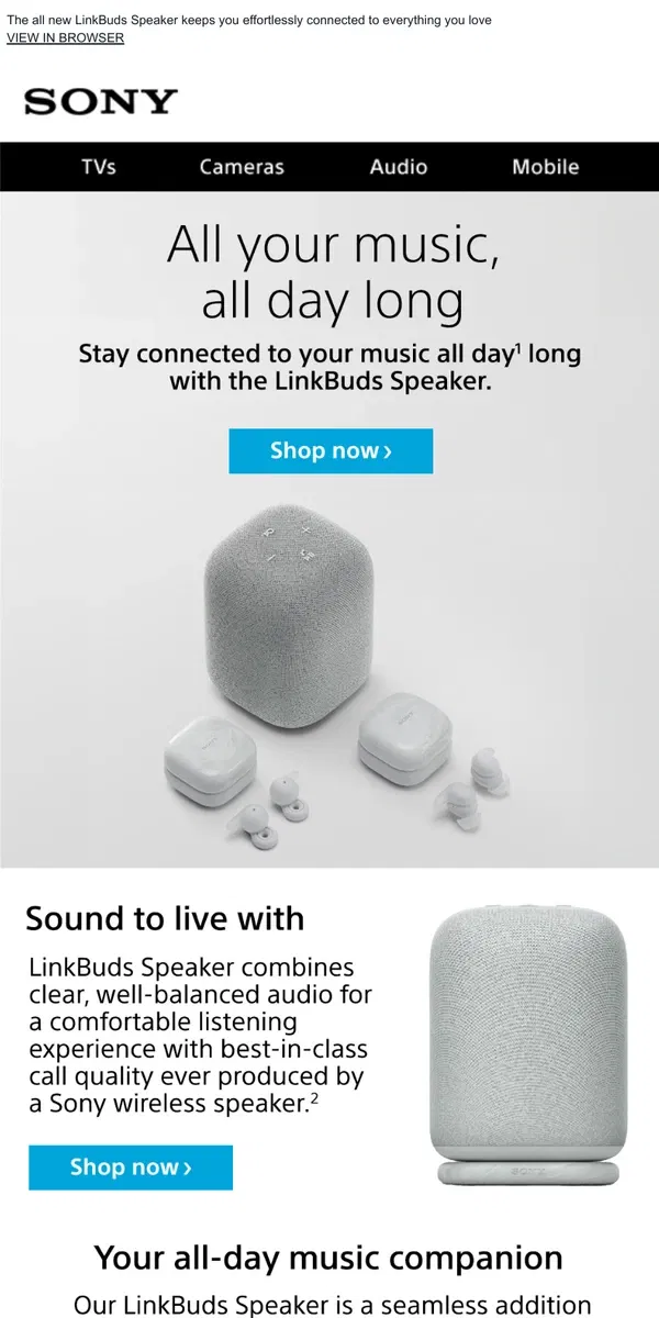 Email from Sony. LinkBuds + Sound Connect App | Stay Connected All Day