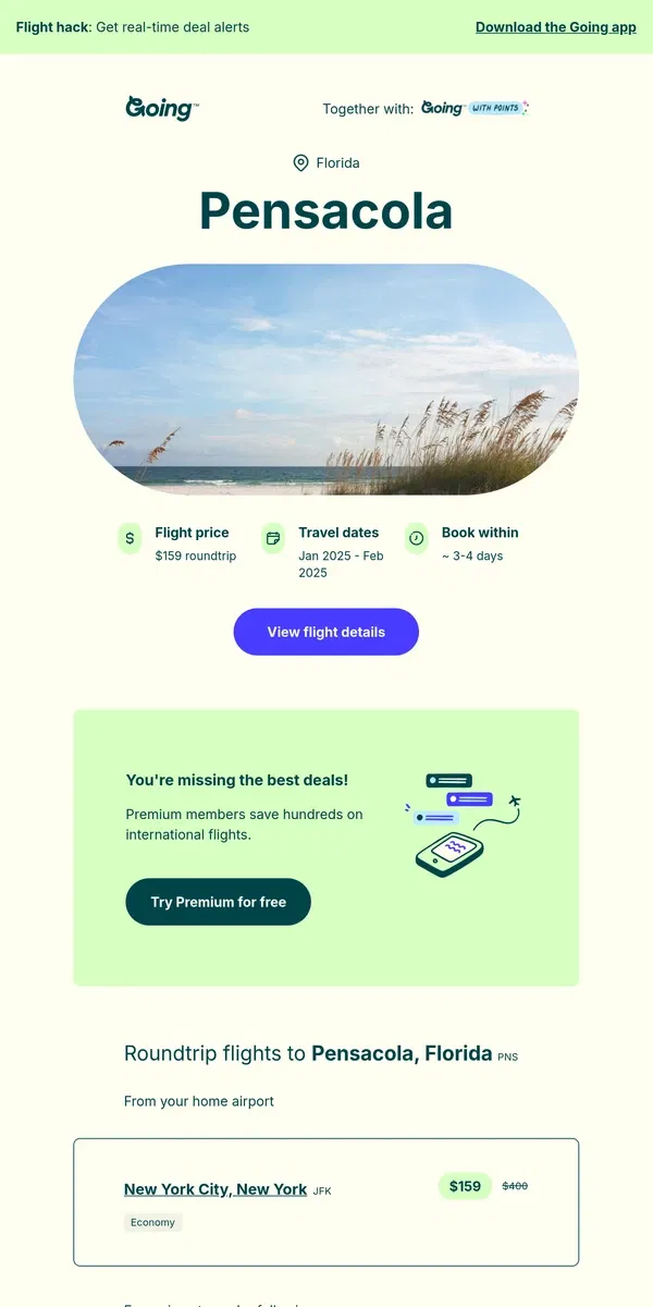 Email from Going. ⛱️ Pensacola —  $159 (Jan-Feb)