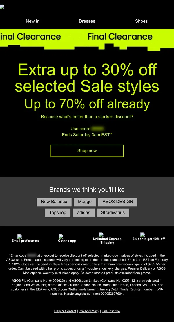 Email from ASOS. Extra up to 30% off selected Sale styles