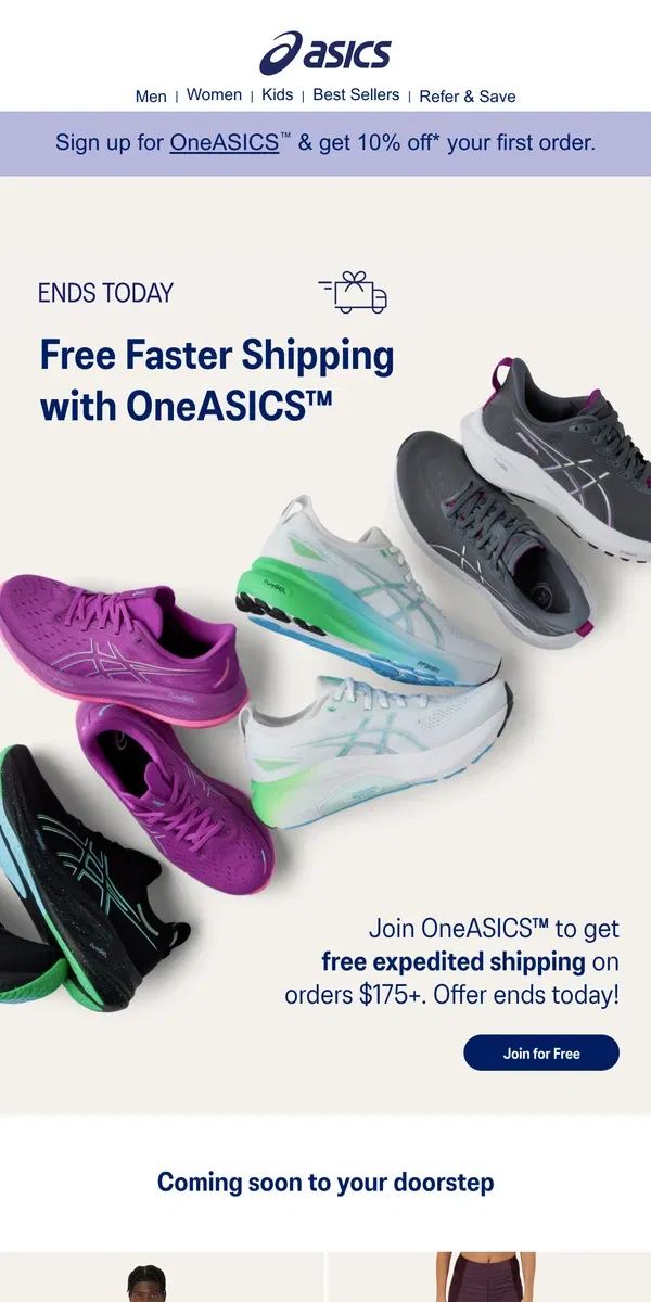 Email from ASICS. LAST DAY: get *free* faster shipping!