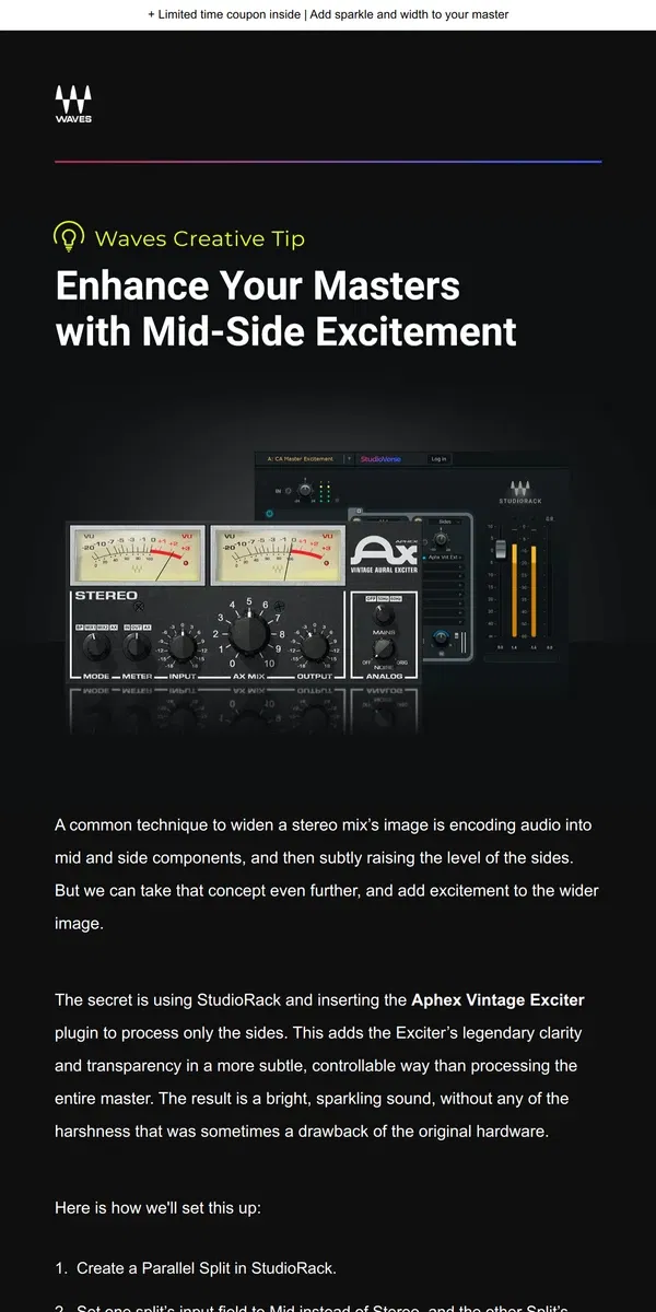 Email from Waves Audio. Waves Creative Tip 💡 Mid-Side Excitement