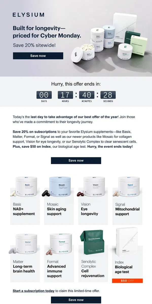 Email from Elysium Health. 20% off! Celebrate longevity this Cyber Monday 🎉