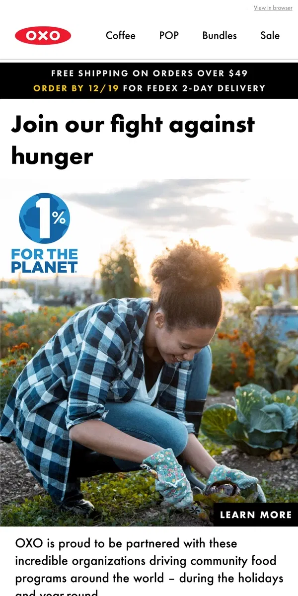 Email from OXO. How we help fight hunger during the holidays