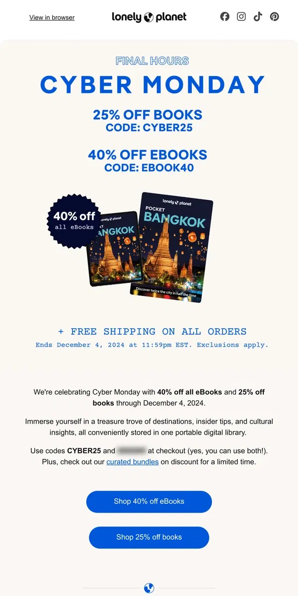 Email from Lonely Planet. Final hours: 40% off all eBooks