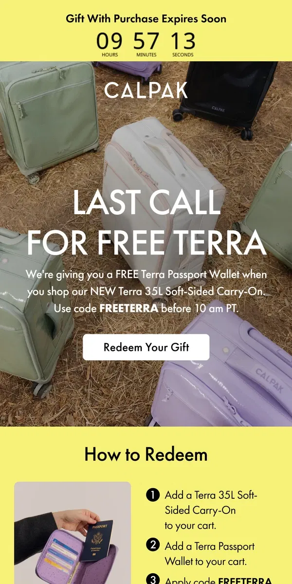 Email from CALPAK. LAST CALL: Free Terra Passport Wallet!