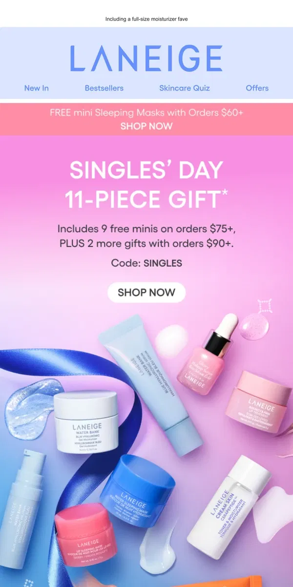 Email from LANEIGE. 11 FREE Skincare Faves on Orders $90+!