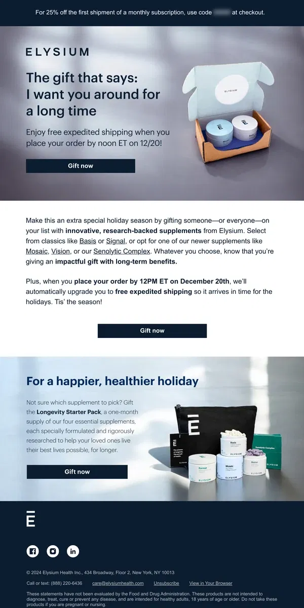 Email from Elysium Health. Give the best gift + give it on time 🎁