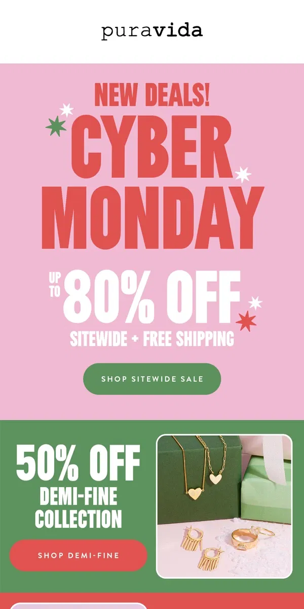 Email from Pura Vida Bracelets. NEW DEALS! Cyber Monday has begun.