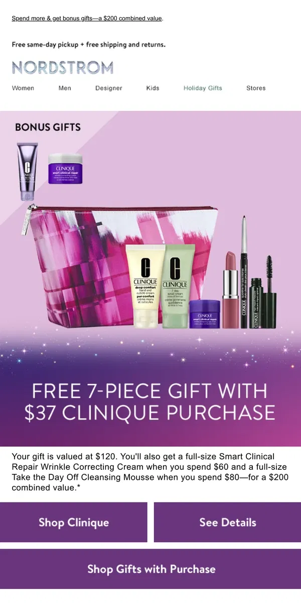 Email from Nordstrom. Free 7-piece Clinique gift with purchase