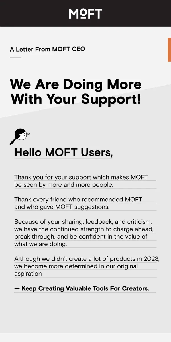 Email from MOFT. Our Year-End Thanks: A Letter From Our Founder.