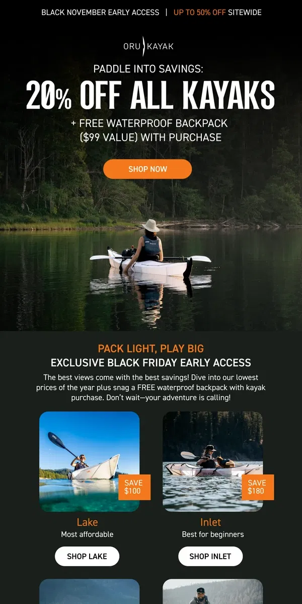 Email from Oru Kayak. Flash Friday: 20% Off Kayaks + Free Waterproof Backpack ⚡