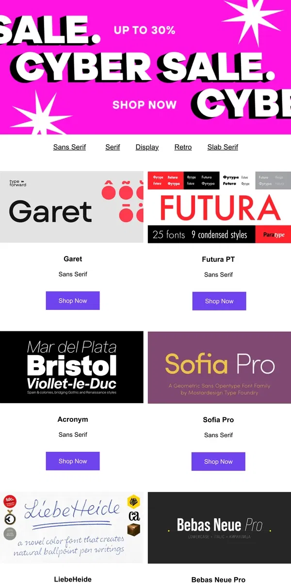 Email from Fontspring. Bestselling Cyber Sale Fonts! Up To 30% Off!