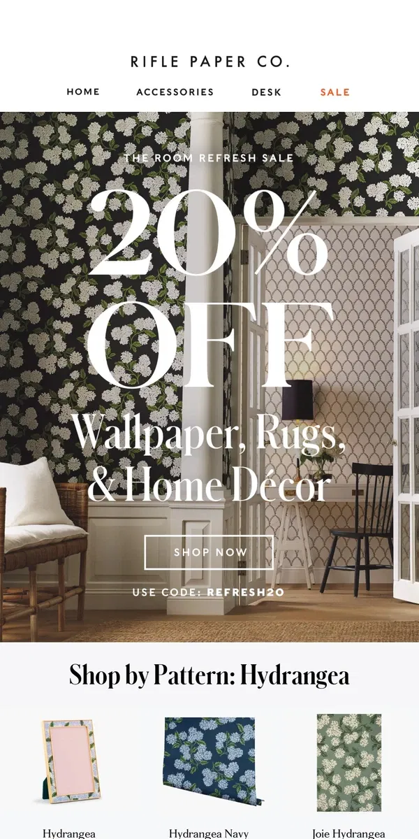 Email from Rifle Paper Co.. Shop By Pattern: 20% Off Your Room Refresh 💐