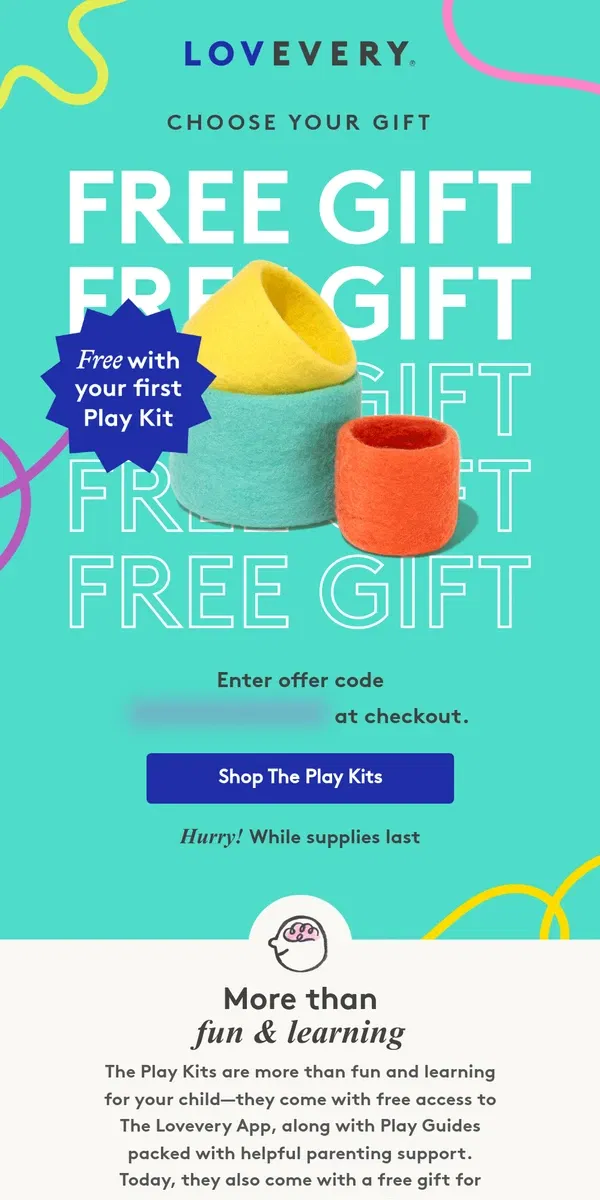 Email from Lovevery. Which free gift will you choose?