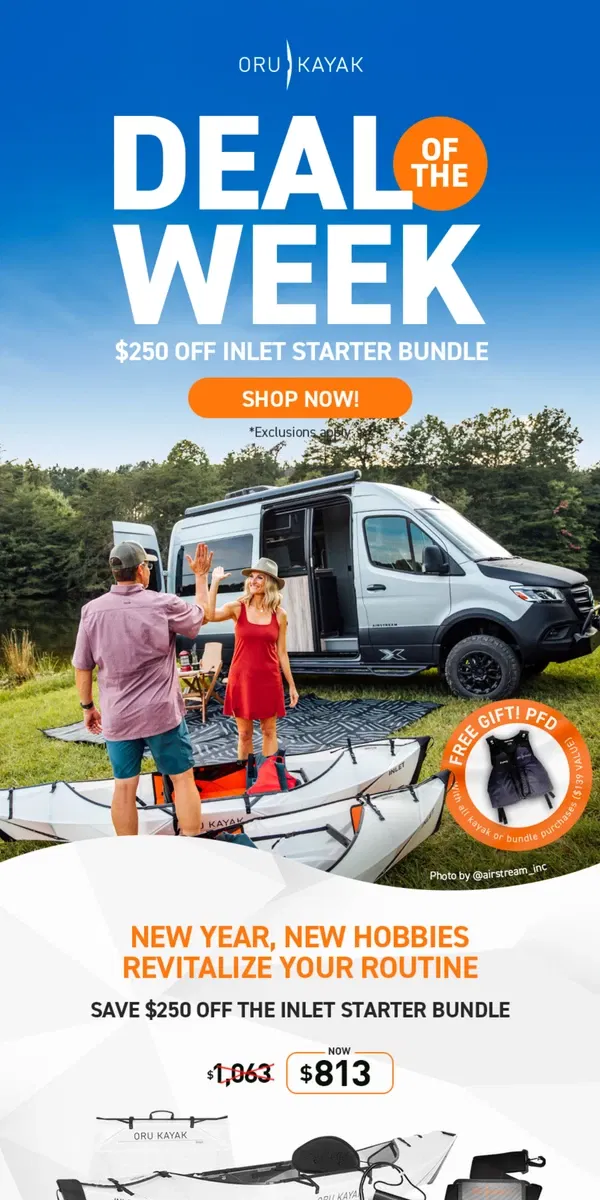 Email from Oru Kayak. Kickstart Your Adventure: $250 Off Inlet Starter Bundle⚡