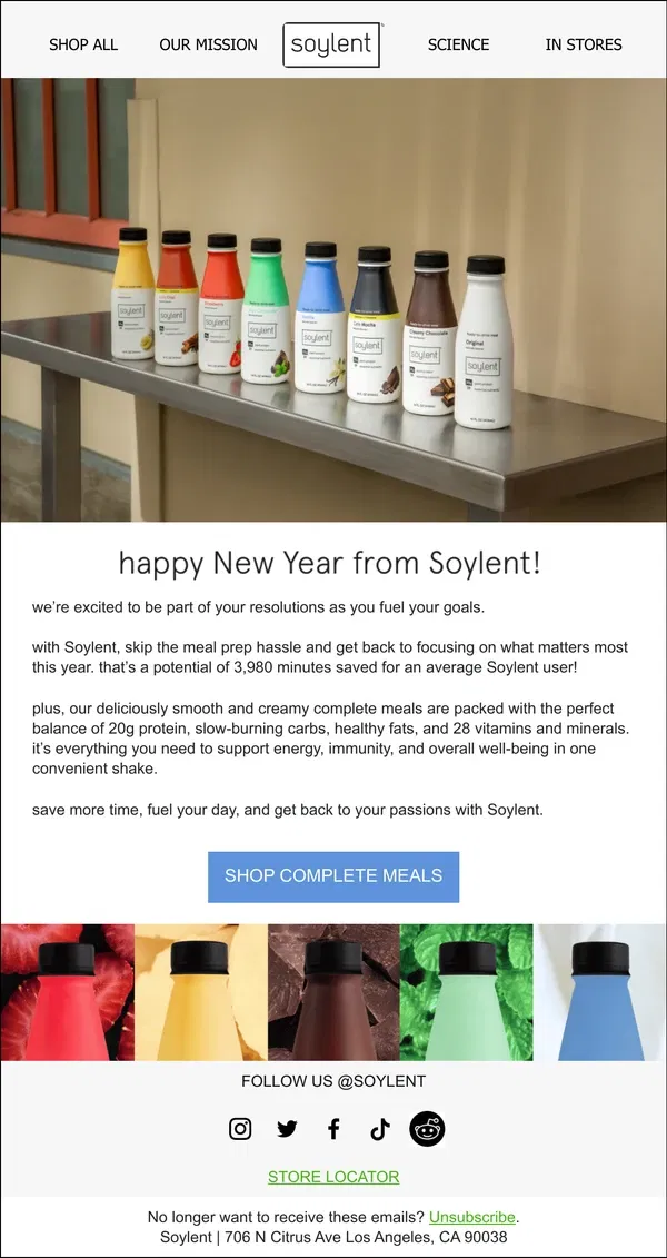 Email from Soylent. want to save 3,980 minutes this year?